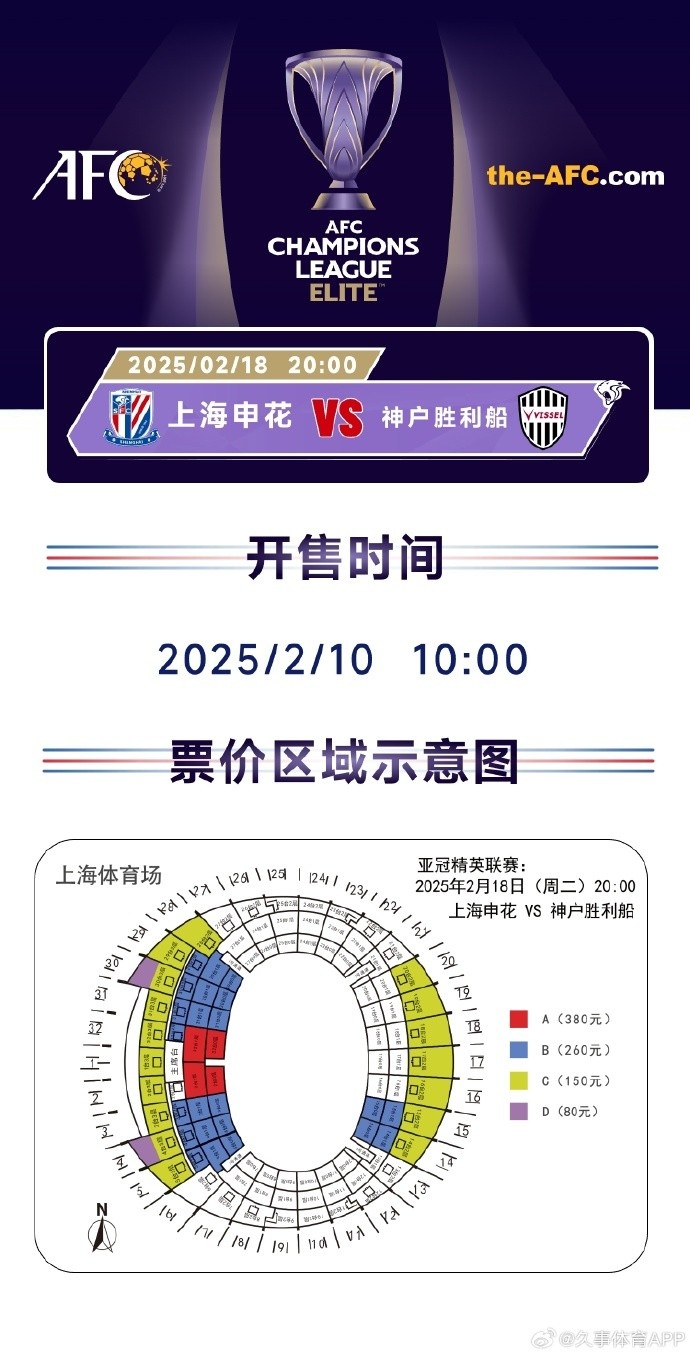  上海申花vs神戶勝利船票務(wù)方案：明日開售，票價區(qū)間80元-380元