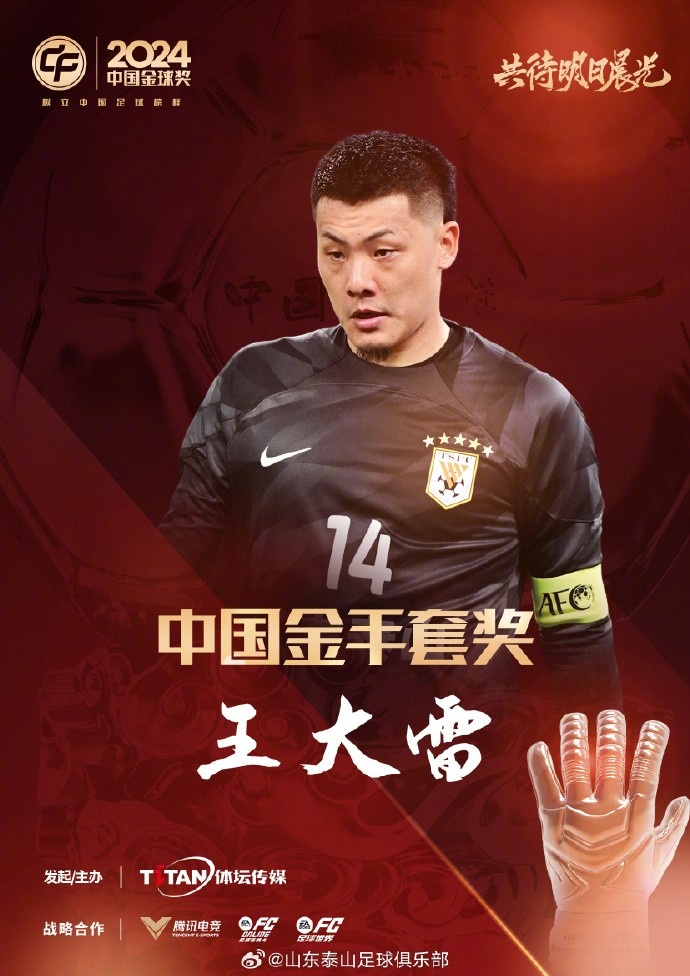  王大雷榮獲中國金手套獎，謝文能入選中國金球獎候選人前三名