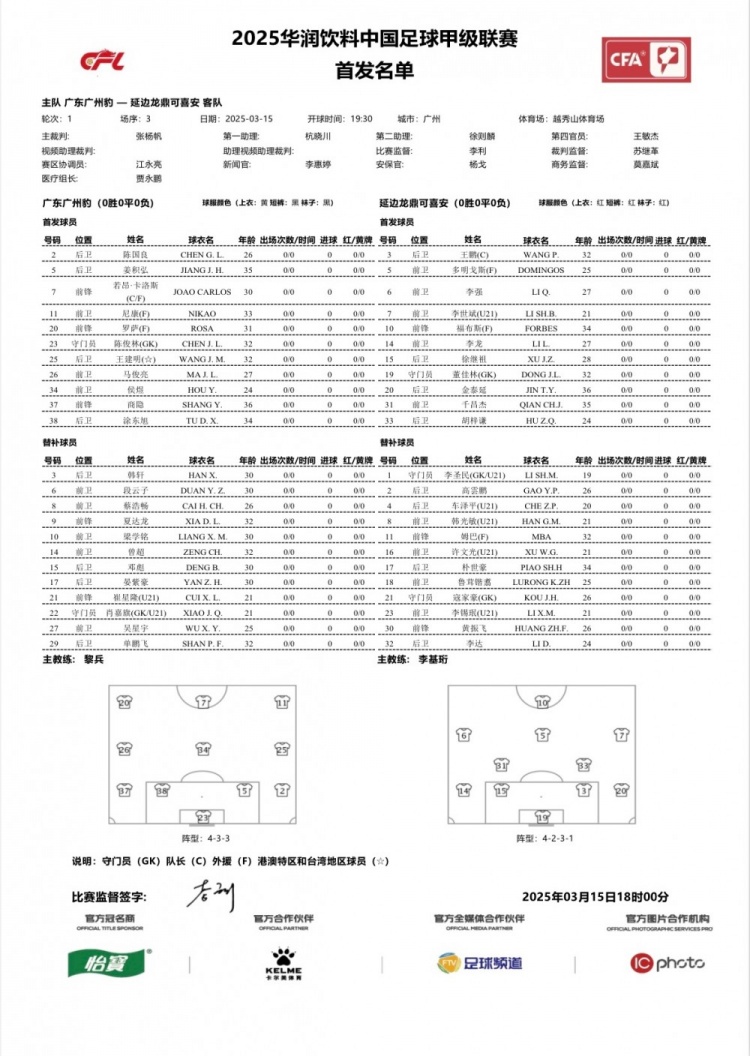  廣州豹vs延邊龍鼎首發(fā)：卡洛斯、羅薩、尼康三外援領(lǐng)銜廣州豹