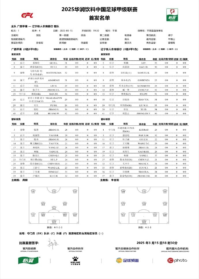  中甲-廣西平果vs遼寧鐵人首發(fā)：三外援對決三外援，安以恩出戰(zhàn)